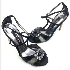 Nina Black/Silver Satin Jewel Heel Peep-Toe Pumps